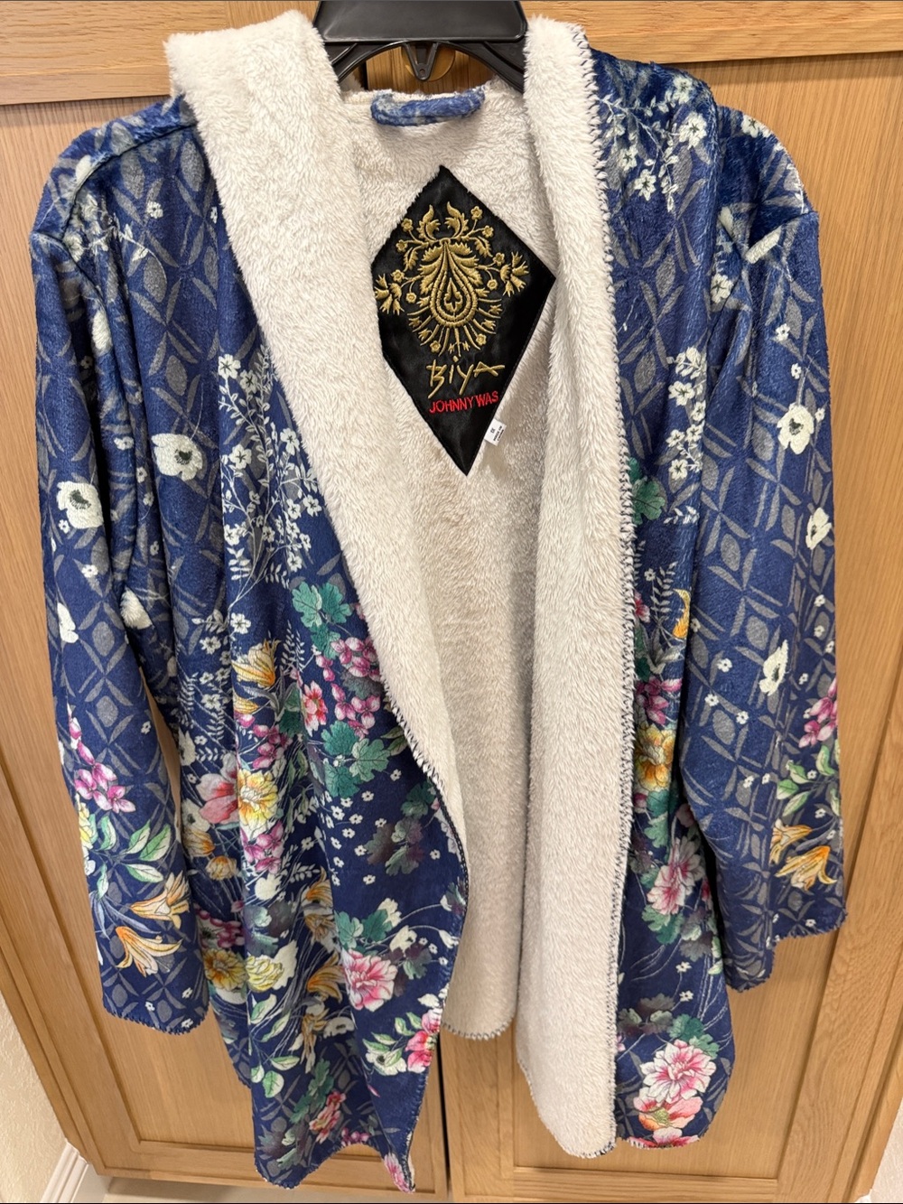 Johnny Was Navy Floral Sherpa-Lined Coat